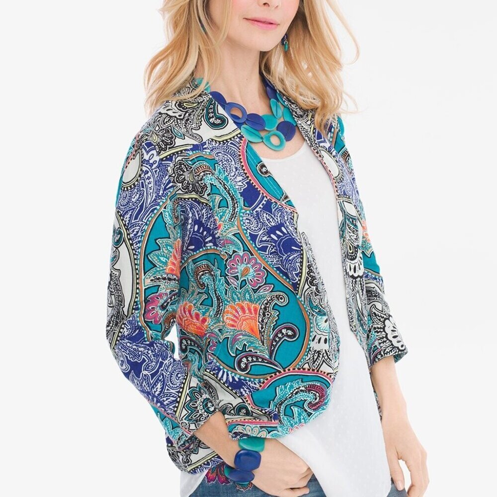 Chico''s Linen Multi-color Jacket Lightweight Paisley Floral Open Blazer